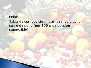    Pollo:
   Tabla de composición nutritiva media de la
    carne de pollo (por 100 g de porción
    comestible)
 