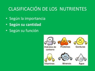 CLASIFICACIÓN DE LOS NUTRIENTES
• Según la importancia
• Según su cantidad
• Según su función
 