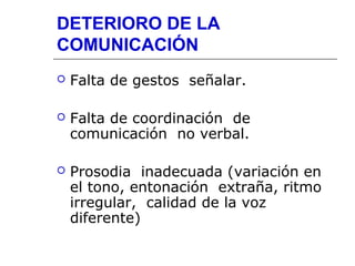 DETERIORO DE LA
COMUNICACIÓN


Falta de gestos señalar.



Falta de coordinación de
comunicación no verbal.



Prosodia inadecuada (variación en
el tono, entonación extraña, ritmo
irregular, calidad de la voz
diferente)

 