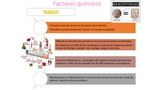Factores químicos
Principal causa de cáncer en los países desarrollados
(235,000 muertes anuales por Cáncer en Europa occidental)
96% de los cánceres de pulmón en los varones de países occidentales.
Se relaciona con 30% de las neoplasias y aumenta el riesgo de padecer
cáncer de faringe, cavidad oral, esófago, vejiga y páncreas.
El primer hidrocarburo cancerígeno del tabaco (4,4 benzopireno) fue
aislado en 1993. Se han aislado mas de 400 sustancias cancerígenas.
Metilcolantreno/ dibenzantreno/ nitrosaminas/ aminas aromáticas/ oxido de
etileno/ níquel/ arsénico y polonio.
 