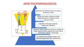 ASPECTOS EPIDEMIOLOGICOS
Se estima 10 millones de casos nuevos
de Cáncer al año.
Cáncer de mayor incidencia ambos
sexos pulmón (1,2 millones casos
nuevos al años)
Varones: estómago, próstata,
colorrectal, hepático.
Mujeres: Cáncer de mama (más de 1 millón de
casos nuevos al año), seguido de cuello útero,
colorrectal, pulmón y estómago.
La incidencia es variable debido a las
diferencias genéticos y/o ambientales.
 