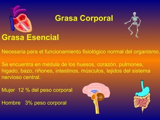 Grasa Corporal Grasa Esencial Necesaria para el funcionamiento fisiológico normal del organismo.  Se encuentra en médula de los huesos, corazón, pulmones,  higado, bazo, riñones, intestinos, músculos, tejidos del sistema nervioso central. Mujer  12 % del peso corporal Hombre  3% peso corporal 