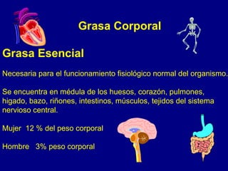 Grasa Corporal

Grasa Esencial
Necesaria para el funcionamiento fisiológico normal del organismo.

Se encuentra en médula de los huesos, corazón, pulmones,
higado, bazo, riñones, intestinos, músculos, tejidos del sistema
nervioso central.

Mujer 12 % del peso corporal

Hombre 3% peso corporal
 