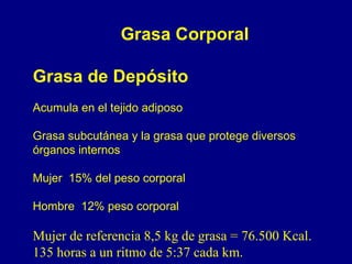 Grasa Corporal

Grasa de Depósito
Acumula en el tejido adiposo

Grasa subcutánea y la grasa que protege diversos
órganos internos

Mujer 15% del peso corporal

Hombre 12% peso corporal

Mujer de referencia 8,5 kg de grasa = 76.500 Kcal.
135 horas a un ritmo de 5:37 cada km.
 