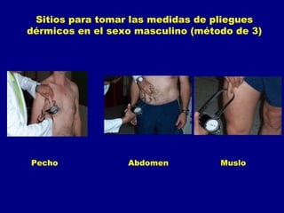 Sitios para tomar las medidas de pliegues
dérmicos en el sexo masculino (método de 3)




Pecho             Abdomen          Muslo
 