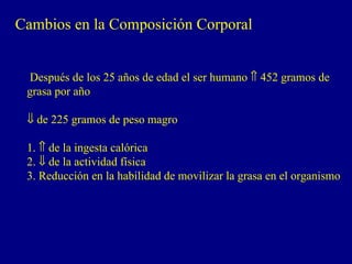 Cambios en la Composición Corporal


  Después de los 25 años de edad el ser humano ⇑ 452 gramos de
 grasa por año

 ⇓ de 225 gramos de peso magro

 1. ⇑ de la ingesta calórica
 2. ⇓ de la actividad física
 3. Reducción en la habilidad de movilizar la grasa en el organismo
 