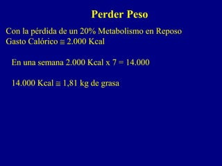 Perder Peso
Con la pérdida de un 20% Metabolismo en Reposo
Gasto Calórico ≅ 2.000 Kcal

 En una semana 2.000 Kcal x 7 = 14.000

 14.000 Kcal ≅ 1,81 kg de grasa
 