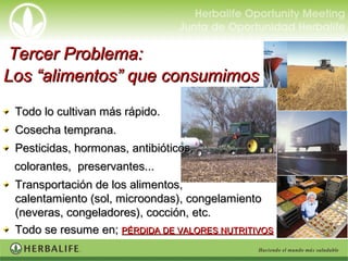 Todo lo cultivan más rápido.Todo lo cultivan más rápido.
Cosecha temprana.Cosecha temprana.
Pesticidas, hormonas, antibióticos,Pesticidas, hormonas, antibióticos,
colorantes, preservantes...colorantes, preservantes...
Transportación de los alimentos,Transportación de los alimentos,
calentamiento (sol, microondas), congelamientocalentamiento (sol, microondas), congelamiento
(neveras, congeladores), cocción, etc.(neveras, congeladores), cocción, etc.
Todo se resume en;Todo se resume en; PÉRDIDA DE VALORES NUTRITIVOSPÉRDIDA DE VALORES NUTRITIVOS
Tercer Problema:Tercer Problema:
Los “alimentos” que consumimosLos “alimentos” que consumimos
 