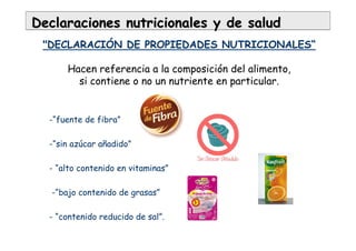 "DECLARACIÓN DE PROPIEDADES NUTRICIONALES“
Hacen referencia a la composición del alimento,
si contiene o no un nutriente en particular.
-“fuente de fibra”
-“sin azúcar añadido”
- “alto contenido en vitaminas”
-“bajo contenido de grasas”
- “contenido reducido de sal”.
Declaraciones nutricionales y de saludDeclaraciones nutricionales y de salud
 