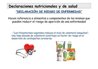 "DECLARACIÓN DE RIESGO DE ENFERMEDAD“
Hacen referencia a alimentos o componentes de los mismos que
pueden reducir el riesgo de aparición de una enfermedad
Declaraciones nutricionales y de saludDeclaraciones nutricionales y de salud
- ”Los fitoesteroles vegetales reducen el nivel de colesterol sanguíneo”.
Una tasa elevada de colesterol constituye un factor de riesgo en el
desarrollo de cardiopatías coronarias
 