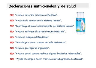 "Ayuda a reforzar la barrera intestinal".
"Ayuda en la regulación del sistema inmune".
"Contribuye al buen funcionamiento del sistema inmune".
"Ayuda a reforzar el sistema inmune intestinal".
"Ayuda al cuerpo a defenderse".
"Contribuye a que el cuerpo sea más resistente".
"Ayuda a proteger el organismo".
"Ayuda a que el cuerpo rechace algunas bacterias indeseables".
"Ayuda al cuerpo a hacer frente a ciertas agresiones externas".
NO
NO
NO
NO
NO
NO
NO
NO
NO
Declaraciones nutricionales y de saludDeclaraciones nutricionales y de salud
 