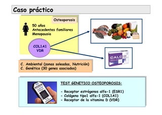 Caso prCaso práácticoctico
50 años
Antecedentes familiares
Menopausia
Osteoporosis
C. Ambiental (zonas soleadas, Nutrición)
C. Genético (30 genes asociados)
TEST GENETICO OSTEOPOROSIS:
- Receptor estrógenos alfa-1 (ESR1)
- Colágeno tipo1 alfa-1 (COL1A1)
- Receptor de la vitamina D (VDR)
COL1A1
VDR
 
