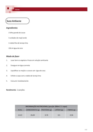 113
Ingredientes
1 folha grande de couve
3 unidades de maçã verde
1 rodela fina de laranja lima
150 ml água de coco
Modo de fazer
1. Lavar bem os vegetais e frutas em solução sanitizante
2. Enxaguar em água corrente
3. Liquidificar as maçãs e a couve com água de coco
4. Enfeite o copo com a rodela de laranja lima
5. Consumir imediatamente
Rendimento: 2 porções
Suco Antiacne
Acne
INFORMAÇÃO NUTRICIONAL (porção 200ml / 1 copo)
KCAL CARBOIDRATO (g) PROTEÍNA (g) LIPÍDIO (g) FIBRAS (g)
114,9 26,83 0,76 0,5 0,56
 