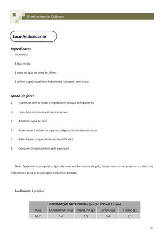 145
Ingredientes
½ cenoura
1 kiwi médio
1 copo de água de coco de 240 ml
1 colher (sopa) de gelatina hidrolisada (colágeno) sem sabor
Modo de fazer
1. Higienizar bem as frutas e vegetais em solução de hipoclorito
2. Lavar bem a cenoura e o kiwi e reservar
3. Adicionar água de coco
4. Acrescentar 1 colher de sopa de colágeno hidrolisado sem sabor
5. Bater todos os ingredientes no liquidificador
6. Consumir imediatamente após o preparo
Dica: Experimente congelar a água de coco em forminhas de gelo, desta forma o se preserva o sabor dos
nutrientes e deixa as preparações ainda mais geladas!
Rendimento: 2 porções
Suco Antioxidante
Envelhecimento Cutâneo
INFORMAÇÃO NUTRICIONAL (porção 200ml/ 1 copo)
KCAL CARBOIDRATO (g) PROTEÍNA (g) LIPÍDIO (g) FIBRAS (g)
67,7 14 1,9 0,4 2,1
 