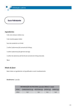 190
Suco hidratante
Ingredientes
¼ de uma cenoura média crua
¼ de mamão papaia médio
Suco da metade de um limão
1 colher (sobremesa) de semente de linhaça
1 colher (sobremesa) de gérmen de trigo
1 colher de sobremesa de farinha de semente de linhaça dourada
Água
Modo de fazer
Bater todos os ingredientes no liquidificador e servir imediatamente
Rendimento: 1 porção
Hidratação cutânea
INFORMAÇÃO NUTRICIONAL (porção 200ml/ 1 copo)
KCAL CARBOIDRATO (g) PROTEÍNA (g) LIPÍDIO (g) FIBRAS (g)
87,0 9,2 3,5 4,1 5,0
 