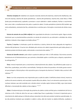 216
Vitamina Complexo B: trabalham em conjunto incluindo vitamina B1 (tiamina), vitamina B2 (riboflavina), vita-
mina B3 (niacina), vitamina B5 (ácido pantotênico) , vitamina B6 (piridoxina), vitamina B12, ácido fólico e PABA
(ácido para-aminobenzoico), ajudando a promover o couro cabeludo e cabelo saudáveis, facilitar o crescimento,
bem como inibir o envelhecimento dos pelos e queda de cabelo. O ácido pantotênico (vitamina B5) também age
como antioxidante, umectante dos fios, antiseborréico e contribui para a formação e crescimento de células novas.
8,9
Extrato de semente de uva (Vittis vinifera): tem capacidade de estimular o crescimento capilar. Alguns estudos
mostraram que as proantocianidinas presentes no extrato da semente de uva estimulam a atividade das células
epiteliais e induzem a fase anágena nos bulbos pilosos 10, 11
Taurina / L-taurina: é sintetizada a partir da metionina e cisteína, diante de níveis adequados de magnésio e
vitamina B6 (piridoxina). A taurina tem afinidade pela estrutura do cabelo (especialmente pelo bulbo piloso) e é
excelente protetor do folículo capilar, estimulando o crescimento dos cabelos. 12, 13
Extrato de Camellia sinensis: pode reduzir a queda de cabelo por inibir a 5 alfa redutase. Esta enzima converte
testosterona em di-hidrotestosterona, que aumenta a oleosidade capilar e contribui para a alopecia, especialmen-
te androgenética. 14
Zinco: mineral importante para o crescimento e desenvolvimento dos cabelos. Sua deficiência pode causar ca-
belos finos, quebradiços, sem brilho e avermelhados. Participa da síntese da queratina e de ácidos graxos essenci-
ais que protegem o folículo piloso e são necessários para o transporte da vitamina A. Também inibe a enzima 5 alfa
redutase. 15,16
Ferro: é um dos componentes mais importantes para a saúde do cabelo. A deficiência deste mineral, mesmo na
ausência de anemia evidente, está associada à queda difusa de cabelos. Esse é um elemento essencial para a ribo-
nuclease redutase, que está envolvida com a divisão celular no bulbo capilar (síntese de DNA), cujos níveis baixos
dificultam a manutenção dos cabelos na fase anágena. 17, 18, 19
Cálcio: é fundamental para a formação das proteínas do cabelo e ainda contribui para o metabolismo do Ferro e
vitaminas no fio. A falta de cálcio faz com que o cabelo fique fraco e quebradiço. O mineral é importante para o
crescimento do cabelo porque os folículos pilosos necessitam de cálcio para produzir proteínas queratinizadas. Es-
tas são proteínas insolúveis que compõem o cabelo e unhas, além de manter os cabelos brilhantes, saudáveis e
Fortalecimento de cabelos e unhas
 