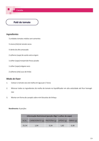 229
Ingredientes
3 unidades tomates médios sem sementes
½ xícara (chá) de tomate secos
½ dente de alho amassado
2 colheres (sopa) de azeite extra virgem
1 colher (sopa) manjericão fresco picado
1 colher (sopa) orégano seco
2 colheres (chá) suco de limão
Modo de Fazer
1. Colocar o tomate seco de molho em água por 2 horas
2. Misturar todos os ingredientes do molho de tomate no liquidificador em alta velocidade até ficar homogê-
neo
3. Montar em forma de canapés sobre mini biscoitos de linhaça
Rendimento: 8 porções
Patê de tomate
Celulite
Informação Nutricional (porção 20g/ 1 colher de sopa)
KCAL CARBOIDRATO (g) PROTEÍNA (g) LIPÍDIO (g) FIBRAS (g)
25,54 1,94 0,34 1,82 0,38
 
