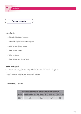 231
Ingredientes
1 xícaras de chá de purê de cenoura
2 colheres de sopa manjericão fresco picado
1 colher de sopa alecrim picado
1 colher de sopa azeite
1 colher de café sal
1 colher de chá cheia suco de limão
Modo de Preparo
1. Bater todos os ingredientes no liquidificador até obter uma mistura homogênea
OBS: Pode servir como recheio de mini pães integrais
Rendimento: 12 porções
Patê de cenoura
Celulite
Informação Nutricional (porção 20g/ 1 colher de sopa)
KCAL CARBOIDRATO (g) PROTEÍNA (g) LIPÍDIO (g) FIBRAS (g)
12,24 1,31 0,15 0,7 0,5
 