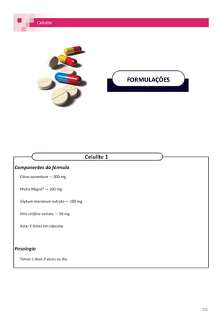 232
FORMULAÇÕES
Celulite
Componentes da fórmula
Citrus aurantium — 300 mg
Pholia Magra® — 200 mg
Silybum marianum extrato — 100 mg
Vitis vinífera extrato — 50 mg
Aviar X doses em cápsulas
Posologia
Tomar 1 dose 2 vezes ao dia.
Celulite 1
 