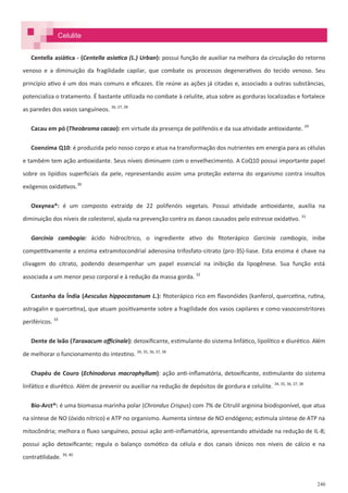 240
Celulite
Centella asiática - (Centella asiatica (L.) Urban): possui função de auxiliar na melhora da circulação do retorno
venoso e a diminuição da fragilidade capilar, que combate os processos degenerativos do tecido venoso. Seu
princípio ativo é um dos mais comuns e eficazes. Ele reúne as ações já citadas e, associado a outras substâncias,
potencializa o tratamento. É bastante utilizada no combate à celulite, atua sobre as gorduras localizadas e fortalece
as paredes dos vasos sanguíneos. 26, 27, 28
Cacau em pó (Theobroma cacao): em virtude da presença de polifenóis e da sua atividade antioxidante. 29
Coenzima Q10: é produzida pelo nosso corpo e atua na transformação dos nutrientes em energia para as células
e também tem ação antioxidante. Seus níveis diminuem com o envelhecimento. A CoQ10 possui importante papel
sobre os lipídios superficiais da pele, representando assim uma proteção externa do organismo contra insultos
exógenos oxidativos.30
Oxxynea®: é um composto extraídp de 22 polifenóis vegetais. Possui atividade antioxidante, auxilia na
diminuição dos níveis de colesterol, ajuda na prevenção contra os danos causados pelo estresse oxidativo. 31
Garcínia cambogia: ácido hidrocítrico, o ingrediente ativo do fitoterápico Garcinia cambogia, inibe
competitivamente a enzima extramitocondrial adenosina trifosfato-citrato (pro-3S)-liase. Esta enzima é chave na
clivagem do citrato, podendo desempenhar um papel essencial na inibição da lipogênese. Sua função está
associada a um menor peso corporal e à redução da massa gorda. 32
Castanha da Índia (Aesculus hippocastanum L.): fitoterápico rico em flavonóides (kanferol, quercetina, rutina,
astragalin e quercetina), que atuam positivamente sobre a fragilidade dos vasos capilares e como vasoconstritores
periféricos. 33
Dente de leão (Taraxacum officinale): detoxificante, estimulante do sistema linfático, lipolítico e diurético. Além
de melhorar o funcionamento do intestino. 34, 35, 36, 37, 38
Chapéu de Couro (Echinodorus macrophyllum): ação anti-inflamatória, detoxificante, estimulante do sistema
linfático e diurético. Além de prevenir ou auxiliar na redução de depósitos de gordura e celulite. 34, 35, 36, 37, 38
Bio-Arct®: é uma biomassa marinha polar (Chrondus Crispus) com 7% de Citrulil arginina biodisponível, que atua
na síntese de NO (óxido nítrico) e ATP no organismo. Aumenta síntese de NO endógeno; estimula síntese de ATP na
mitocôndria; melhora o fluxo sanguíneo, possui ação anti-inflamatória, apresentando atividade na redução de IL-8;
possui ação detoxificante; regula o balanço osmótico da célula e dos canais iônicos nos níveis de cálcio e na
contratilidade. 39, 40
 