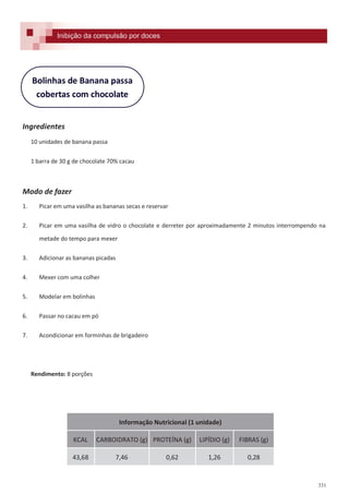 331
Ingredientes
10 unidades de banana passa
1 barra de 30 g de chocolate 70% cacau
Modo de fazer
1. Picar em uma vasilha as bananas secas e reservar
2. Picar em uma vasilha de vidro o chocolate e derreter por aproximadamente 2 minutos interrompendo na
metade do tempo para mexer
3. Adicionar as bananas picadas
4. Mexer com uma colher
5. Modelar em bolinhas
6. Passar no cacau em pó
7. Acondicionar em forminhas de brigadeiro
Rendimento: 8 porções
Bolinhas de Banana passa
cobertas com chocolate
Inibição da compulsão por doces
Informação Nutricional (1 unidade)
KCAL CARBOIDRATO (g) PROTEÍNA (g) LIPÍDIO (g) FIBRAS (g)
43,68 7,46 0,62 1,26 0,28
 