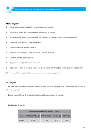 348
Modulação glicêmica e melhora da resistência insulínica
Informação Nutricional (porção 3 fatias)
KCAL CARBOIDRATO (g) PROTEÍNA (g) LIPÍDIO (g) FIBRAS (g)
233,31 38,47 5,45 6,38 5,74
Modo de fazer
1. Corte as berinjelas em fatias finas no sentido do comprimento
2. Polvilhar sal grosso sobre elas e deixá-las repousar por 30 minutos
3. Em uma panela, refogar uma das cebolas em 3 colheres de azeite até ficar transparentes e macias
4. Juntar o arroz, a cenoura e fritar ligeiramente
5. Adicionar o caldo e cozinhar até secar
6. Em outra panela, refogar a outra cebola em 3 colheres de azeite
7. Juntar os tomates e o manjericão
8. Salgar e cozinhar por 10 minutos. Reservar
9. Secar bem as fatias de berinjela, empane-as levemente em farinha de trigo e frite-as no óleo até dourarem
10. Secar as fatias em papel absorvente para absorver o excesso de gordura
Montagem
Em uma forma refratária, acomodar camadas de arroz, fatias de berinjela fritas e o molho de tomate com as
folhas de manjericão.
Decorar com rodelinhas de berinjela fritas e levar ao forno médio por 15 minutos.
Rendimento: 10 porções
 