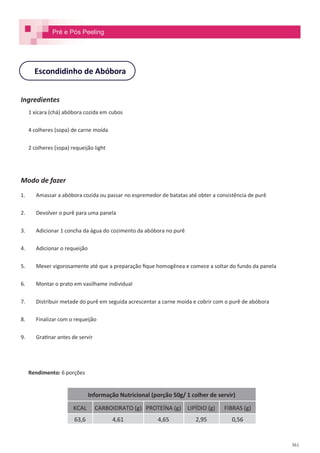 361
Escondidinho de Abóbora
Ingredientes
1 xícara (chá) abóbora cozida em cubos
4 colheres (sopa) de carne moída
2 colheres (sopa) requeijão light
Modo de fazer
1. Amassar a abóbora cozida ou passar no espremedor de batatas até obter a consistência de purê
2. Devolver o purê para uma panela
3. Adicionar 1 concha da água do cozimento da abóbora no purê
4. Adicionar o requeijão
5. Mexer vigorosamente até que a preparação fique homogênea e comece a soltar do fundo da panela
6. Montar o prato em vasilhame individual
7. Distribuir metade do purê em seguida acrescentar a carne moída e cobrir com o purê de abóbora
8. Finalizar com o requeijão
9. Gratinar antes de servir
Rendimento: 6 porções
Pré e Pós Peeling
Informação Nutricional (porção 50g/ 1 colher de servir)
KCAL CARBOIDRATO (g) PROTEÍNA (g) LIPÍDIO (g) FIBRAS (g)
63,6 4,61 4,65 2,95 0,56
 