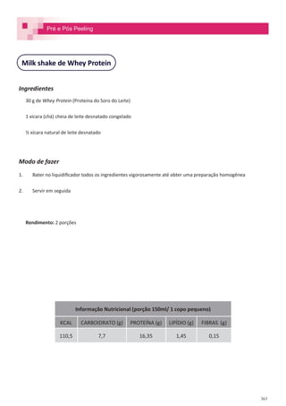 363
Milk shake de Whey Protein
Ingredientes
30 g de Whey Protein (Proteína do Soro do Leite)
1 xícara (chá) cheia de leite desnatado congelado
½ xícara natural de leite desnatado
Modo de fazer
1. Bater no liquidificador todos os ingredientes vigorosamente até obter uma preparação homogênea
2. Servir em seguida
Rendimento: 2 porções
Pré e Pós Peeling
Informação Nutricional (porção 150ml/ 1 copo pequeno)
KCAL CARBOIDRATO (g) PROTEÍNA (g) LIPÍDIO (g) FIBRAS (g)
110,5 7,7 16,35 1,45 0,15
 