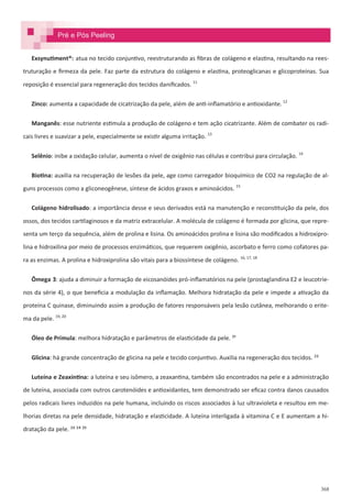 368
Exsynutiment®: atua no tecido conjuntivo, reestruturando as fibras de colágeno e elastina, resultando na rees-
truturação e firmeza da pele. Faz parte da estrutura do colágeno e elastina, proteoglicanas e glicoproteínas. Sua
reposição é essencial para regeneração dos tecidos danificados. 11
Zinco: aumenta a capacidade de cicatrização da pele, além de anti-inflamatório e antioxidante. 12
Manganês: esse nutriente estimula a produção de colágeno e tem ação cicatrizante. Além de combater os radi-
cais livres e suavizar a pele, especialmente se existir alguma irritação. 13
Selênio: inibe a oxidação celular, aumenta o nível de oxigênio nas células e contribui para circulação. 14
Biotina: auxilia na recuperação de lesões da pele, age como carregador bioquímico de CO2 na regulação de al-
guns processos como a gliconeogênese, síntese de ácidos graxos e aminoácidos. 15
Colágeno hidrolisado: a importância desse e seus derivados está na manutenção e reconstituição da pele, dos
ossos, dos tecidos cartilaginosos e da matriz extracelular. A molécula de colágeno é formada por glicina, que repre-
senta um terço da sequência, além de prolina e lisina. Os aminoácidos prolina e lisina são modificados a hidroxipro-
lina e hidroxilina por meio de processos enzimáticos, que requerem oxigênio, ascorbato e ferro como cofatores pa-
ra as enzimas. A prolina e hidroxiprolina são vitais para a biossíntese de colágeno. 16, 17, 18
Ômega 3: ajuda a diminuir a formação de eicosanóides pró-inflamatórios na pele (prostaglandina E2 e leucotrie-
nos da série 4), o que beneficia a modulação da inflamação. Melhora hidratação da pele e impede a ativação da
proteína C quinase, diminuindo assim a produção de fatores responsáveis pela lesão cutânea, melhorando o erite-
ma da pele. 19, 20
Óleo de Prímula: melhora hidratação e parâmetros de elasticidade da pele. <;
Glicina: há grande concentração de glicina na pele e tecido conjuntivo. Auxilia na regeneração dos tecidos. <<
Luteína e Zeaxintina: a luteína e seu isômero, a zeaxantina, também são encontrados na pele e a administração
de luteína, associada com outros carotenóides e antioxidantes, tem demonstrado ser eficaz contra danos causados
pelos radicais livres induzidos na pele humana, incluindo os riscos associados à luz ultravioleta e resultou em me-
lhorias diretas na pele densidade, hidratação e elasticidade. A luteína interligada à vitamina C e E aumentam a hi-
dratação da pele. <= <> <?
Pré e Pós Peeling
 