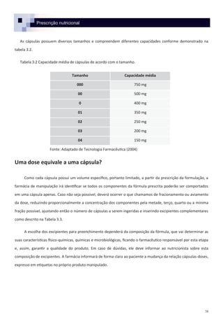 38
Prescrição nutricional
As cápsulas possuem diversos tamanhos e compreendem diferentes capacidades conforme demonstrado na
tabela 3.2.
Tabela 3.2 Capacidade média de cápsulas de acordo com o tamanho.
Fonte: Adaptado de Tecnologia Farmacêutica (2004)
Uma dose equivale a uma cápsula?
Como cada cápsula possui um volume específico, portanto limitado, a partir da prescrição da formulação, a
farmácia de manipulação irá identificar se todos os componentes da fórmula prescrita poderão ser comportados
em uma cápsula apenas. Caso não seja possível, deverá ocorrer o que chamamos de fracionamento ou aviamento
da dose, reduzindo proporcionalmente a concentração dos componentes pela metade, terço, quarto ou a mínima
fração possível, ajustando então o número de cápsulas a serem ingeridas e inserindo excipientes complementares
como descrito na Tabela 3.3.
A escolha dos excipientes para preenchimento dependerá da composição da fórmula, que vai determinar as
suas características físico-químicas, químicas e microbiológicas, ficando o farmacêutico responsável por esta etapa
e, assim, garantir a qualidade do produto. Em caso de dúvidas, ele deve informar ao nutricionista sobre esta
composição de excipientes. A farmácia informará de forma clara ao paciente a mudança da relação cápsulas-doses,
expresso em etiquetas no próprio produto manipulado.
Tamanho Capacidade média
000 750 mg
00 500 mg
0 400 mg
01 350 mg
02 250 mg
03 200 mg
04 150 mg
 