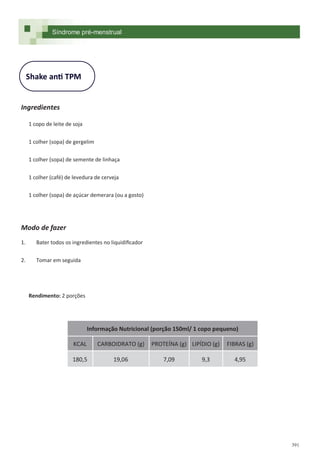 391
Shake anti TPM
Ingredientes
1 copo de leite de soja
1 colher (sopa) de gergelim
1 colher (sopa) de semente de linhaça
1 colher (café) de levedura de cerveja
1 colher (sopa) de açúcar demerara (ou a gosto)
Modo de fazer
1. Bater todos os ingredientes no liquidificador
2. Tomar em seguida
Rendimento: 2 porções
Síndrome pré-menstrual
Informação Nutricional (porção 150ml/ 1 copo pequeno)
KCAL CARBOIDRATO (g) PROTEÍNA (g) LIPÍDIO (g) FIBRAS (g)
180,5 19,06 7,09 9,3 4,95
 