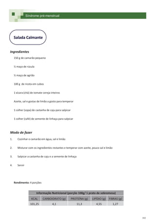 393
Salada Calmante
Ingredientes
150 g de camarão pequeno
½ maço de rúcula
½ maço de agrião
100 g de ricota em cubos
1 xícara (chá) de tomate-cereja inteiros
Azeite, sal e gostas de limão a gosto para temperar
1 colher (sopa) de castanha de caju para salpicar
1 colher (café) de semente de linhaça para salpicar
Modo de fazer
1. Cozinhar o camarão em água, sal e limão
2. Misturar com os ingredientes restantes e temperar com azeite, pouco sal e limão
3. Salpicar a castanha de caju e a semente de linhaça
4. Servir
Rendimento: 4 porções
Síndrome pré-menstrual
Informação Nutricional (porção 100g/ 1 prato de sobremesa)
KCAL CARBOIDRATO (g) PROTEÍNA (g) LIPÍDIO (g) FIBRAS (g)
101,25 4,1 11,3 4,55 1,27
 