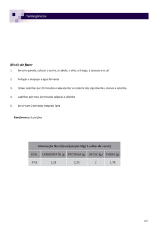 407
Termogênicos
Modo de fazer
1. Em uma panela, colocar o azeite, a cebola, o alho, o frango, a cenoura e o sal
2. Refogar e despejar a água fervente
3. Deixar cozinhar por 20 minutos e acrescentar o restante dos ingredientes, menos a salsinha.
4. Cozinhar por mais 10 minutos salpicar a salsinha
5. Servir com 2 torradas integrais light
Rendimento: 6 porções
Informação Nutricional (porção 50g/ 1 colher de servir)
KCAL CARBOIDRATO (g) PROTEÍNA (g) LIPÍDIO (g) FIBRAS (g)
47,8 5,21 2,23 2 1,78
 