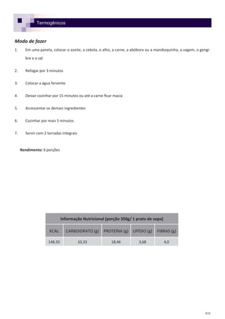 410
Termogênicos
Modo de fazer
1. Em uma panela, colocar o azeite, a cebola, o alho, a carne, a abóbora ou a mandioquinha, a vagem, o gengi-
bre e o sal
2. Refogar por 3 minutos
3. Colocar a água fervente
4. Deixar cozinhar por 15 minutos ou até a carne ficar macia
5. Acrescentar os demais ingredientes
6. Cozinhar por mais 5 minutos
7. Servir com 2 torradas integrais
Rendimento: 6 porções
Informação Nutricional (porção 350g/ 1 prato de sopa)
KCAL CARBOIDRATO (g) PROTEÍNA (g) LIPÍDIO (g) FIBRAS (g)
148,35 10,33 18,46 3,68 4,0
 