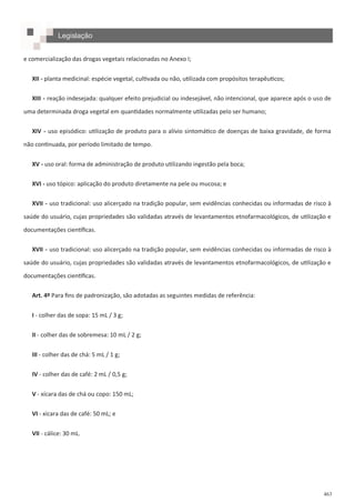 463
e comercialização das drogas vegetais relacionadas no Anexo I;
XII - planta medicinal: espécie vegetal, cultivada ou não, utilizada com propósitos terapêuticos;
XIII - reação indesejada: qualquer efeito prejudicial ou indesejável, não intencional, que aparece após o uso de
uma determinada droga vegetal em quantidades normalmente utilizadas pelo ser humano;
XIV - uso episódico: utilização de produto para o alívio sintomático de doenças de baixa gravidade, de forma
não continuada, por período limitado de tempo.
XV - uso oral: forma de administração de produto utilizando ingestão pela boca;
XVI - uso tópico: aplicação do produto diretamente na pele ou mucosa; e
XVII - uso tradicional: uso alicerçado na tradição popular, sem evidências conhecidas ou informadas de risco à
saúde do usuário, cujas propriedades são validadas através de levantamentos etnofarmacológicos, de utilização e
documentações científicas.
XVII - uso tradicional: uso alicerçado na tradição popular, sem evidências conhecidas ou informadas de risco à
saúde do usuário, cujas propriedades são validadas através de levantamentos etnofarmacológicos, de utilização e
documentações científicas.
Art. 4º Para fins de padronização, são adotadas as seguintes medidas de referência:
I - colher das de sopa: 15 mL / 3 g;
II - colher das de sobremesa: 10 mL / 2 g;
III - colher das de chá: 5 mL / 1 g;
IV - colher das de café: 2 mL / 0,5 g;
V - xícara das de chá ou copo: 150 mL;
VI - xícara das de café: 50 mL; e
VII - cálice: 30 mL.
Legislação
 