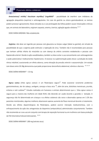 63
Possíveis efeitos colaterais
Antocianinas/ mirtilo/ Vaccinium myrtillus/ LingoMAX® - possibilidade de interferir com inibidores da
agregação plaquetária (aspirina) e anticoagulantes. Em caso de gastrite ou úlcera gastroduodenal, os taninos
podem provocar agravamento. Doses elevadas ou o uso prolongado das folhas podem causar intoxicações crônicas
que, em animais de laboratório, originam caquexia, anemia, icterícia, agitação aguda e distonia.12, 13
DOSE DIÁRIA MÁXIMA: Não estabelecida
Arginina: não deve ser ingerido por pessoas com glaucoma ou herpes vulgar (labial ou genital), em virtude da
possibilidade de que a arginina pode estimular a replicação do vírus. Também não é recomendado para pessoas
que tenham sofrido infarto do miocárdio ou com doença da artéria coronária estabelecida e pessoas com
hipotensão arterial. Devido à ação vasodilatadora, também se deve evitar o uso concomitante com anticoagulantes
e pode potencializar medicamentos hipotensores. O excesso na suplementação pode elevar a produção do óxido
nítrico indutível, ocasionando um efeito adverso, como elevação da pressão arterial e vasoconstrição. Um estudo
com doses entre 20-30g demonstrou que pode proporcionar desconforto abdominal, vômitos e diarreia. 14, 15, 16
DOSE DIÁRIA MÁXIMA* – 15 mg
Agnus castus (Vitex agnus castus): é um fitoterápico seguro17
. Pode ocasionar raramente problemas
gastrointestinais, dor de cabeça, vertigem, cansaço e boca seca 18
, além de acne, distúrbios menstruais, prurido,
eritema e rash cutâneo19
. Estudos realizados em humanos e animais determinaram que o Vitex agnus castus é
seguro para a maioria das mulheres em idade fértil, não devendo ser usado durante a gravidez e lactação. A
segurança não foi determinada em crianças e os efeitos colaterais são raros e observados apenas em 1-2% dos
pacientes monitorados; algumas mulheres observaram apenas aumento do fluxo menstrual durante o tratamento.
Devido aos efeitos dopaminérgicos do fitoterápico, poderá ocorrer interação medicamentosa, com o
enfraquecimento da ação dos antagonistas da dopamina (antipsicóticos) administrados conjuntamente. Também
não recomenda-se o seu uso em conjunto com terapia de reposição hormonal ou em mulheres com baixa produção
de FSH (Hormônio Folículo Estimulante) . 20, 21
DOSE DIÁRIA MÁXIMA*: 200 mg (extrato seco)
 