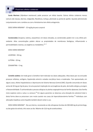 69
Possíveis efeitos colaterais
Cardo Mariano (Silymbum marianum): pode provocar um efeito laxante. Outros efeitos colaterais menos
comuns são náusea, diarreia, indigestão, flatulência, inchaço, plenitude ou perda de apetite. Quando administrado
conjuntamente com a iombina ou com a fentolamina tem efeito antagonista.
DOSE DIÁRIA MÁXIMA* - 35 mg/kg de peso corporal
Carotenoides (licopeno, luteína, zeaxantina): em doses elevadas, os carotenoides podem ter o seu efeito pró-
oxidante. Altas concentrações podem alterar as propriedades de membranas biológicas, influenciando a
permeabilidade a toxinas, ao oxigênio ou metabólitos.56, 57
DOSE DIÁRIA MÁXIMA*
LICOPENO – 90 mg
LUTEÍNA – 20 mg
ZEAXANTINA – 5 mg
Centella asiática: de modo geral a Centella é bem tolerada nas doses adequadas. Altas doses por via oral pode
provocar cefaleias, vertigens, hipotensão arterial e estados narcóticos leves a moderados. Tem apresentado, em
alguns casos, efeitos hepatotóxicos e depressores do Sistema Nervoso Central (SNC). Quando consumida em doses
acima de 50 mg por Kg de peso, há uma possível implicação de carcinogênese de pele, dermatite alérgica, prurigem
e fotosensibilidade. É contraindicada a pessoas alérgicas às plantas angiospérmicas da família Apiaceae; Esta família
inclui espécies como a salsa e a cenoura.58
Em alguns pacientes se observou uma elevação do colesterol total e
desta forma deve-se prescrever com muita cautela nos casos de hipercolesterolemia familiar.59
Indivíduos com
alterações hepáticas como hepatite também devem evitar o uso.
DOSE DIÁRIA MÁXIMA* - No uso interno, recomenda-se não ultrapassar da dose de 500-600 mg do pó da droga,
ou dez gotas do extrato, três vezes ao dia. Máximo de 13,6 mg de asiaticosídeos.
 