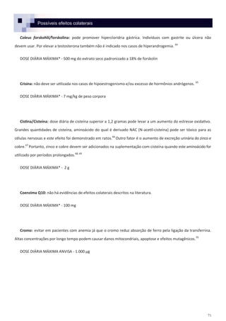 71
Possíveis efeitos colaterais
Coleus forskohlii/forskolina: pode promover hipercloridria gástrica. Indivíduos com gastrite ou úlcera não
devem usar. Por elevar a testosterona também não é indicado nos casos de hiperandrogemia. 64
DOSE DIÁRIA MÁXIMA* - 500 mg do extrato seco padronizado a 18% de forskolin
Crisina: não deve ser utilizada nos casos de hipoestrogenismo e/ou excesso de hormônios andrógenos. 65
DOSE DIÁRIA MÁXIMA* - 7 mg/kg de peso corpora
Cistina/Cisteína: dose diária de cisteína superior a 1,2 gramas pode levar a um aumento do estresse oxidativo.
Grandes quantidades de cisteína, aminoácido do qual é derivado NAC (N-acetil-cisteína) pode ser tóxico para as
células nervosas e este efeito foi demonstrado em ratos.66
Outro fator é o aumento de excreção urinária do zinco e
cobre.67
Portanto, zinco e cobre devem ser adicionados na suplementação com cisteína quando este aminoácido for
utilizado por períodos prolongados.68, 69
DOSE DIÁRIA MÁXIMA* - 2 g
Coenzima Q10: não há evidências de efeitos colaterais descritos na literatura.
DOSE DIÁRIA MÁXIMA* - 100 mg
Cromo: evitar em pacientes com anemia já que o cromo reduz absorção de ferro pela ligação da transferrina.
Altas concentrações por longo tempo podem causar danos mitocondriais, apoptose e efeitos mutagênicos.70
DOSE DIÁRIA MÁXIMA ANVISA - 1.000 µg
 