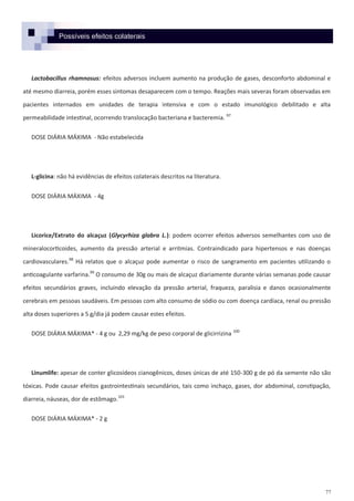 77
Possíveis efeitos colaterais
Lactobacillus rhamnosus: efeitos adversos incluem aumento na produção de gases, desconforto abdominal e
até mesmo diarreia, porém esses sintomas desaparecem com o tempo. Reações mais severas foram observadas em
pacientes internados em unidades de terapia intensiva e com o estado imunológico debilitado e alta
permeabilidade intestinal, ocorrendo translocação bacteriana e bacteremia. 97
DOSE DIÁRIA MÁXIMA - Não estabelecida
L-glicina: não há evidências de efeitos colaterais descritos na literatura.
DOSE DIÁRIA MÁXIMA - 4g
Licorice/Extrato do alcaçuz (Glycyrhiza glabra L.): podem ocorrer efeitos adversos semelhantes com uso de
mineralocorticoides, aumento da pressão arterial e arritmias. Contraindicado para hipertensos e nas doenças
cardiovasculares.98
Há relatos que o alcaçuz pode aumentar o risco de sangramento em pacientes utilizando o
anticoagulante varfarina.99
O consumo de 30g ou mais de alcaçuz diariamente durante várias semanas pode causar
efeitos secundários graves, incluindo elevação da pressão arterial, fraqueza, paralisia e danos ocasionalmente
cerebrais em pessoas saudáveis. Em pessoas com alto consumo de sódio ou com doença cardíaca, renal ou pressão
alta doses superiores a 5 g/dia já podem causar estes efeitos.
DOSE DIÁRIA MÁXIMA* - 4 g ou 2,29 mg/kg de peso corporal de glicirrizina 100
Linumlife: apesar de conter glicosídeos cianogênicos, doses únicas de até 150-300 g de pó da semente não são
tóxicas. Pode causar efeitos gastrointestinais secundários, tais como inchaço, gases, dor abdominal, constipação,
diarreia, náuseas, dor de estômago.101
DOSE DIÁRIA MÁXIMA* - 2 g
 