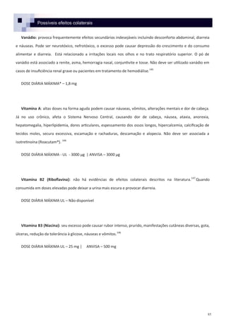 85
Possíveis efeitos colaterais
Vanádio: provoca frequentemente efeitos secundários indesejáveis incluindo desconforto abdominal, diarreia
e náuseas. Pode ser neurotóxico, nefrotóxico, o excesso pode causar depressão do crescimento e do consumo
alimentar e diarreia. Está relacionado a irritações locais nos olhos e no trato respiratório superior. O pó de
vanádio está associado a renite, asma, hemorragia nasal, conjuntivite e tosse. Não deve ser utilizado vanádio em
casos de insuficiência renal grave ou pacientes em tratamento de hemodiálise.145
DOSE DIÁRIA MÁXIMA* – 1,8 mg
Vitamina A: altas doses na forma aguda podem causar náuseas, vômitos, alterações mentais e dor de cabeça.
Já no uso crônico, afeta o Sistema Nervoso Central, causando dor de cabeça, náusea, ataxia, anorexia,
hepatomegalia, hiperlipidemia, dores articulares, espessamento dos ossos longos, hipercalcemia, calcificação de
tecidos moles, secura excessiva, escamação e rachaduras, descamação e alopecia. Não deve ser associada a
isotretinoína (Roacutam®). 146
DOSE DIÁRIA MÁXIMA - UL - 3000 µg | ANVISA – 3000 µg
Vitamina B2 (Riboflavina): não há evidências de efeitos colaterais descritos na literatura.147
Quando
consumida em doses elevadas pode deixar a urina mais escura e provocar diarreia.
DOSE DIÁRIA MÁXIMA UL – Não disponível
Vitamina B3 (Niacina): seu excesso pode causar rubor intenso, prurido, manifestações cutâneas diversas, gota,
úlceras, redução da tolerância à glicose, náuseas e vômitos.146
DOSE DIÁRIA MÁXIMA UL – 25 mg | ANVISA – 500 mg
 