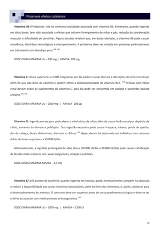 86
Possíveis efeitos colaterais
Vitamina B6 (Piridoxina): não há nenhuma toxicidade associada com vitamina B6. Entretanto, quando ingerida
em altas doses, tem sido associada a efeitos que incluem formigamento de mãos e pés, redução da coordenação
muscular e dificuldade de caminhar. Alguns estudos revelam que, em doses elevadas, a vitamina B6 pode causar
sonolência, distúrbios neurológicos e entorpecimento. A piridoxina deve ser evitada em pacientes parkinsonianos
em tratamento com levodopa pura.148, 149
DOSE DIÁRIA MÁXIMA UL – 100 mg | ANVISA- 200 mg
Vitamina C: doses superiores a 1.000 miligramas por dia podem causar diarreia e alterações do ciclo menstrual.
Além do que alta dose de vitamina C podem afetar a biodisponibilidade de vitamina B12. 150
Pessoas com litíase
renal devem evitar os suplementos de vitamina C, pois ela pode ser convertida em oxalato e aumentar oxalato
urinário.151, 152
DOSE DIÁRIA MÁXIMA UL – 2000 mg | ANVISA- 100 µg
Vitamina D: ingerida em excesso pode elevar o nível sérico de cálcio além de causar lesão renal por depósito de
cálcio, aumento da diurese e polidipsia. Sua ingestão excessiva pode causar fraqueza, náusea, perda de apetite,
dor de cabeça, dores abdominais, diarreias e cãibras.153
Hipercalemia foi observada em indivíduos com consumo
diário de doses superiores a 50.000UI/dia.
Adicionalmente, a ingestão prolongada de altas doses (50.000 UI/dia a 20.000 UI/dia) pode causar calcificação
de tecidos moles como os rins, vasos sanguíneos, coração e pulmões.
DOSE DIÁRIA MÁXIMA ANVISA – 2,5 mg
Vitamina E/ alfa acetato de tocoferol: quando ingerida em excesso, pode, eventualmente, competir na absorção
e reduzir a disponibilidade das outras vitaminas lipossolúveis, além do ferro dos alimentos, e, assim, colaborar para
o desencadeamento de anemias. O consumo deve ser suspenso antes de um procedimento cirúrgico e deve-se ter
critério ao associar com medicamentos anticoagulantes.154
DOSE DIÁRIA MÁXIMA UL – 1000 mg | ANVISA – 1200 UI
 