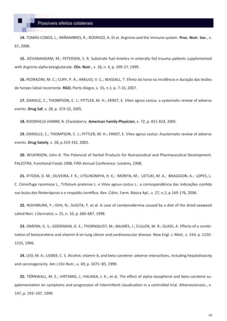 89
14. TOMÁS-COBOS, L.; MIÑAMBRES, R.; RODRIGO, A. Et al. Arginine and the immune system. Proc. Nutr. Soc., v.
67, 2008.
15. JEEVANANDAM, M.; PETERSEN, S. R. Substrate fuel kinetics in enterally fed trauma patients supplemented
with Arginine alpha ketoglutarate. Clin. Nutr., v. 18, n. 4, p. 209-17, 1999.
16. PEDRAZINI, M. C.; CURY, P. R.; ARAUJO, V. C.; WASSALL, T. Efeito da lisina na incidência e duração das lesões
de herpes labial recorrente. RGO, Porto Alegre, v. 55, n.1, p. 7-10, 2007.
17. DANIELE, C.; THOMPSON, C. J.; PITTLER, M. H.; ERNST, E. Vitex agnus castus: a systematic review of adverse
events. Drug Saf, v. 28, p. 319-32, 2005.
18. ROEMHELD-HAMM, B. Chasteberry. American Family Physician, v. 72, p. 821-824, 2005.
19. DANIELLE, C.; THOMPSON, C. J.; PITTLER, M. H.; ERNST, E. Vitex agnus castus: Asystematic review of adverse
events. Drug Satety, v. 28, p.319-332, 2005.
20. WILKINSON, John A. The Potencial of Herbal Products for Nutraceutical and Pharmaceutical Development.
PALESTRA. Functional Foods 1998. Fifth Annual Conference. Londres, 1998.
21. IFTODA, D. M.; OLIVEIRA, F. K.; UTSUNOMIYA, H. K.; MORIYA, M.; UETUKI, M. A.; BRAGGION, A.; LOPES, L.
C. Cimicifuga racemosa L., Trifolium pratense L. e Vitex agnus-castus L.: a correspondência das indicações contida
nas bulas dos fitoterápicos e o respaldo científico. Rev. Ciênc. Farm. Básica Apl., v. 27, n.2, p.169-176, 2006.
22. NISHIMURA, Y.; ISHII, N.; SUGITA, Y. et al. A case of carotenodermia caused by a diet of the dried seaweed
called Nori. J Dermatol, v. 25, n. 10, p. 685-687, 1998.
23. OMENN, G. S.; GOODMAN, G. E.; THORNQUIST, M.; BALMES, J.; CULLEN, M. R.; GLASS, A. Effects of a combi-
nation of betacarotene and vitamin A on lung câncer and cardiovascular disease. New Engl. J. Med., v. 334, p. 1150-
1155, 1996.
24. LEO, M. A.; LIEBER, C. S. Alcohol, vitamin A, and beta-carotene: adverse interactions, including hepatotoxicity
and carcinogenicity. Am J Clin Nutr., v. 69, p. 1071–85, 1999.
25. TÖRNWALL, M. E.; VIRTAMO, J.; HAUKKA, J. K.; et al. The effect of alpha-tocopherol and beta-carotene su-
pplementation on symptoms and progression of intermittent claudication in a controlled trial. Atherosclerosis., v.
147, p. 193–197, 1999.
Possíveis efeitos colaterais
 