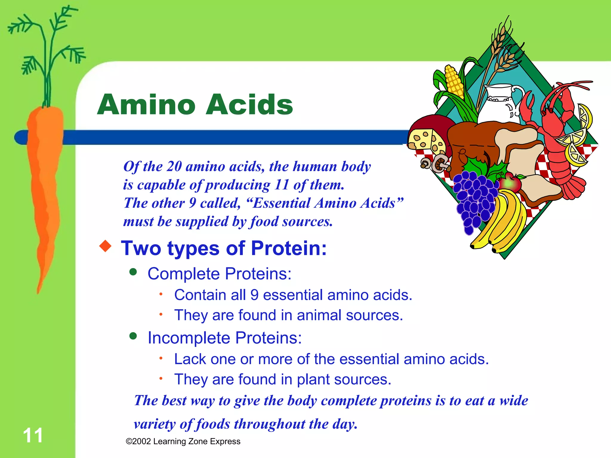 Amino Acids 
Of the 20 amino acids, the human body 
is capable of producing 11 of them. 
The other 9 called, “Essential Amino Acids” 
must be supplied by food sources. 
 Two types of Protein: 
 Complete Proteins: 
• Contain all 9 essential amino acids. 
• They are found in animal sources. 
 Incomplete Proteins: 
• Lack one or more of the essential amino acids. 
• They are found in plant sources. 
The best way to give the body complete proteins is to eat a wide 
variety of foods throughout the day. 
©2002 11 Learning Zone Express 
 