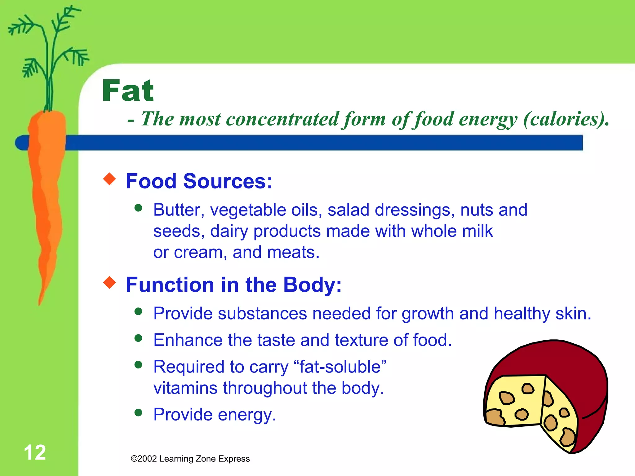Fat 
- The most concentrated form of food energy (calories). 
 Food Sources: 
 Butter, vegetable oils, salad dressings, nuts and 
seeds, dairy products made with whole milk 
or cream, and meats. 
 Function in the Body: 
 Provide substances needed for growth and healthy skin. 
 Enhance the taste and texture of food. 
 Required to carry “fat-soluble” 
vitamins throughout the body. 
 Provide energy. 
©2002 12 Learning Zone Express 
 
