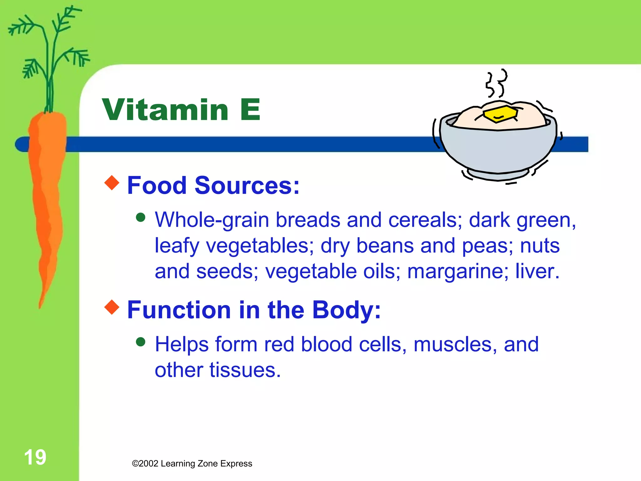 Vitamin E 
 Food Sources: 
Whole-grain breads and cereals; dark green, 
leafy vegetables; dry beans and peas; nuts 
and seeds; vegetable oils; margarine; liver. 
 Function in the Body: 
 Helps form red blood cells, muscles, and 
other tissues. 
©2002 19 Learning Zone Express 
 