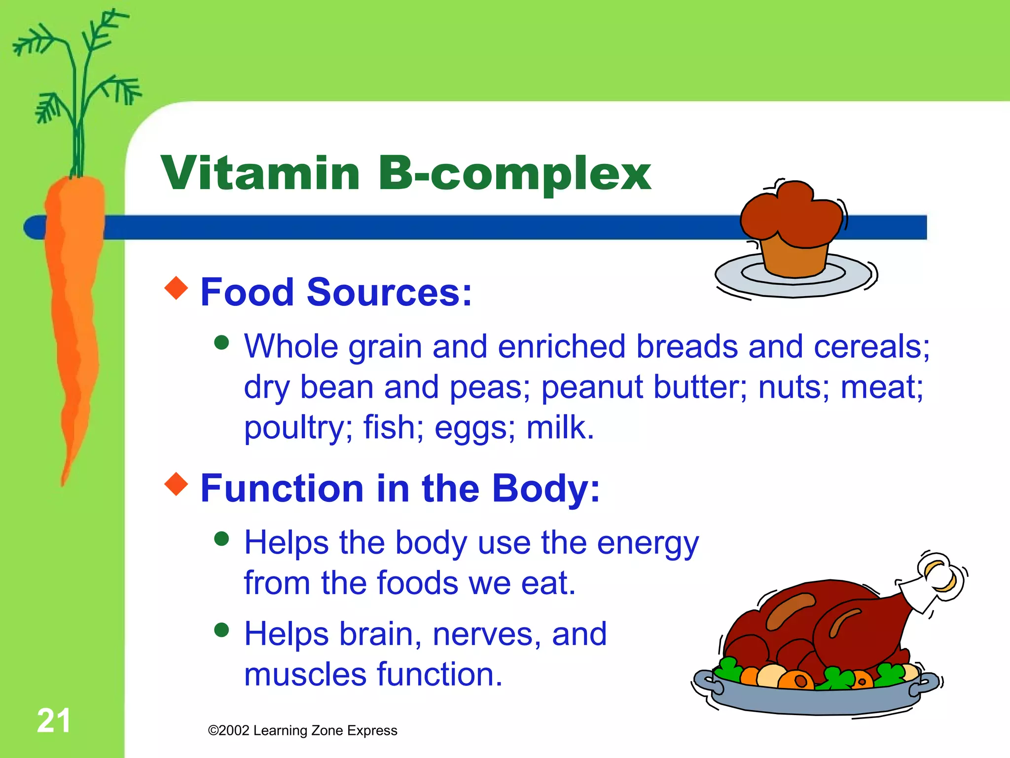 Vitamin B-complex 
 Food Sources: 
Whole grain and enriched breads and cereals; 
dry bean and peas; peanut butter; nuts; meat; 
poultry; fish; eggs; milk. 
 Function in the Body: 
 Helps the body use the energy 
from the foods we eat. 
 Helps brain, nerves, and 
muscles function. 
©2002 21 Learning Zone Express 
 
