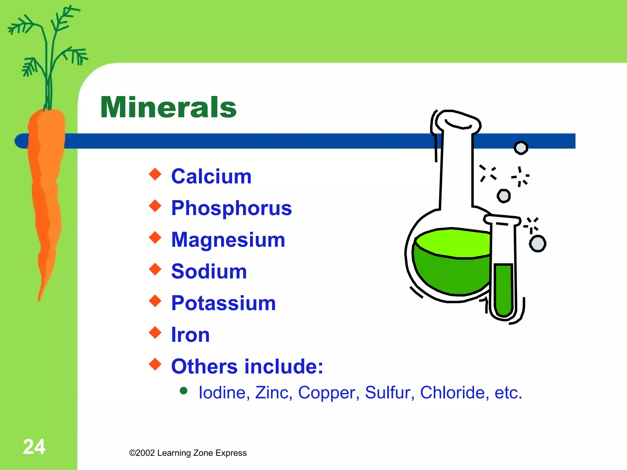 Minerals 
 Calcium 
 Phosphorus 
 Magnesium 
 Sodium 
 Potassium 
 Iron 
 Others include: 
 Iodine, Zinc, Copper, Sulfur, Chloride, etc. 
©2002 24 Learning Zone Express 
 
