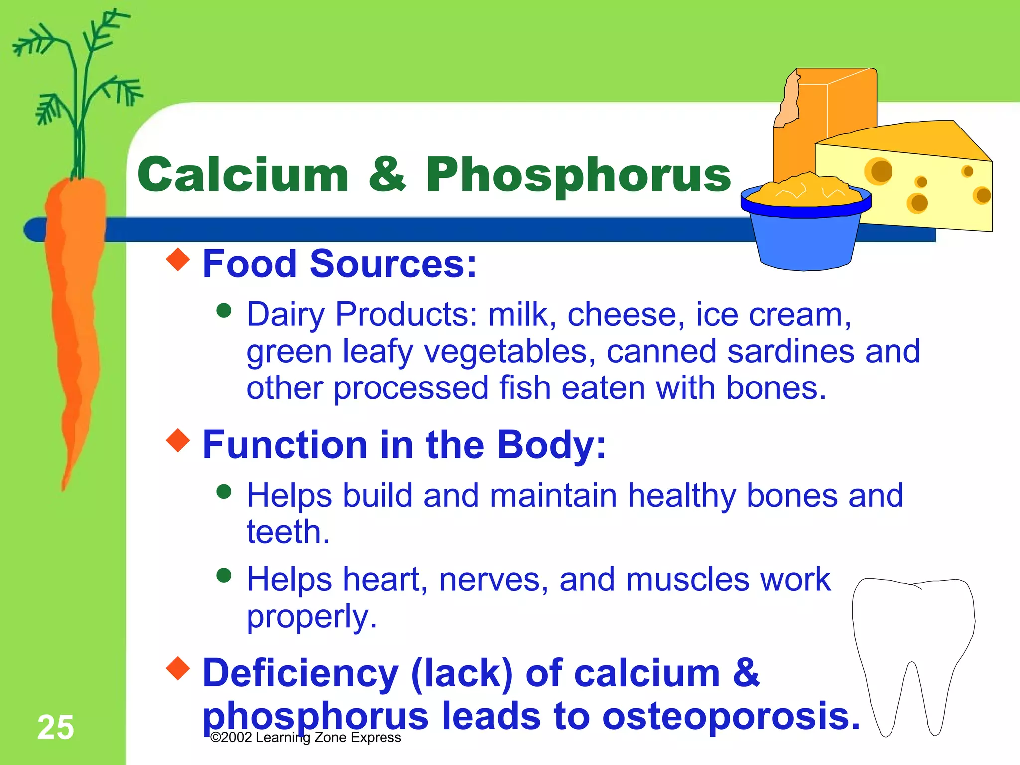 Calcium & Phosphorus 
 Food Sources: 
 Dairy Products: milk, cheese, ice cream, 
green leafy vegetables, canned sardines and 
other processed fish eaten with bones. 
 Function in the Body: 
 Helps build and maintain healthy bones and 
teeth. 
 Helps heart, nerves, and muscles work 
properly. 
 Deficiency (lack) of calcium & 
phosphorus leads to osteoporosis. 
©2002 25 Learning Zone Express 
 