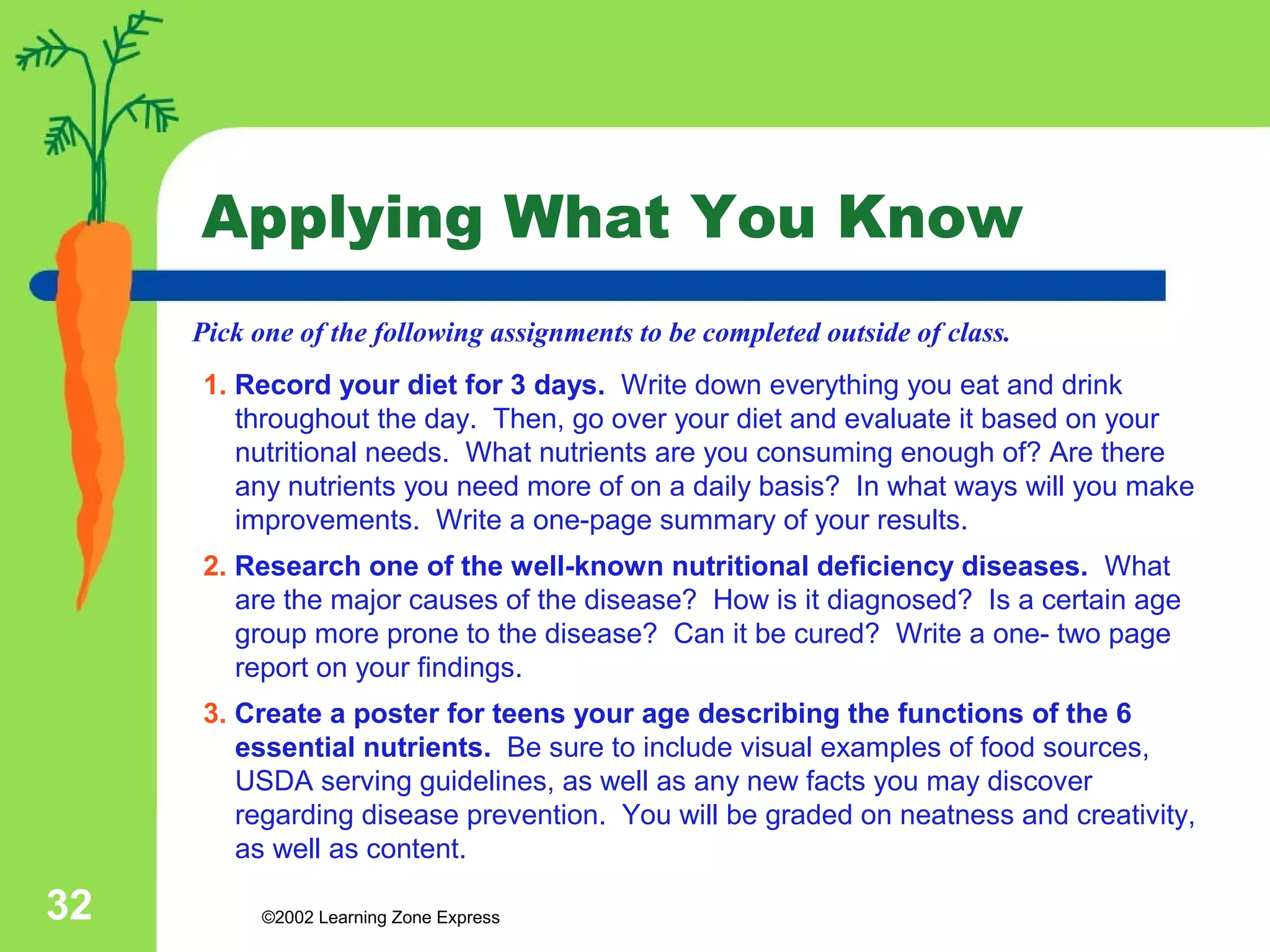 Applying What You Know 
Pick one of the following assignments to be completed outside of class. 
1. Record your diet for 3 days. Write down everything you eat and drink 
throughout the day. Then, go over your diet and evaluate it based on your 
nutritional needs. What nutrients are you consuming enough of? Are there 
any nutrients you need more of on a daily basis? In what ways will you make 
improvements. Write a one-page summary of your results. 
2. Research one of the well-known nutritional deficiency diseases. What 
are the major causes of the disease? How is it diagnosed? Is a certain age 
group more prone to the disease? Can it be cured? Write a one- two page 
report on your findings. 
3. Create a poster for teens your age describing the functions of the 6 
essential nutrients. Be sure to include visual examples of food sources, 
USDA serving guidelines, as well as any new facts you may discover 
regarding disease prevention. You will be graded on neatness and creativity, 
as well as content. 
©2002 32 Learning Zone Express 
 