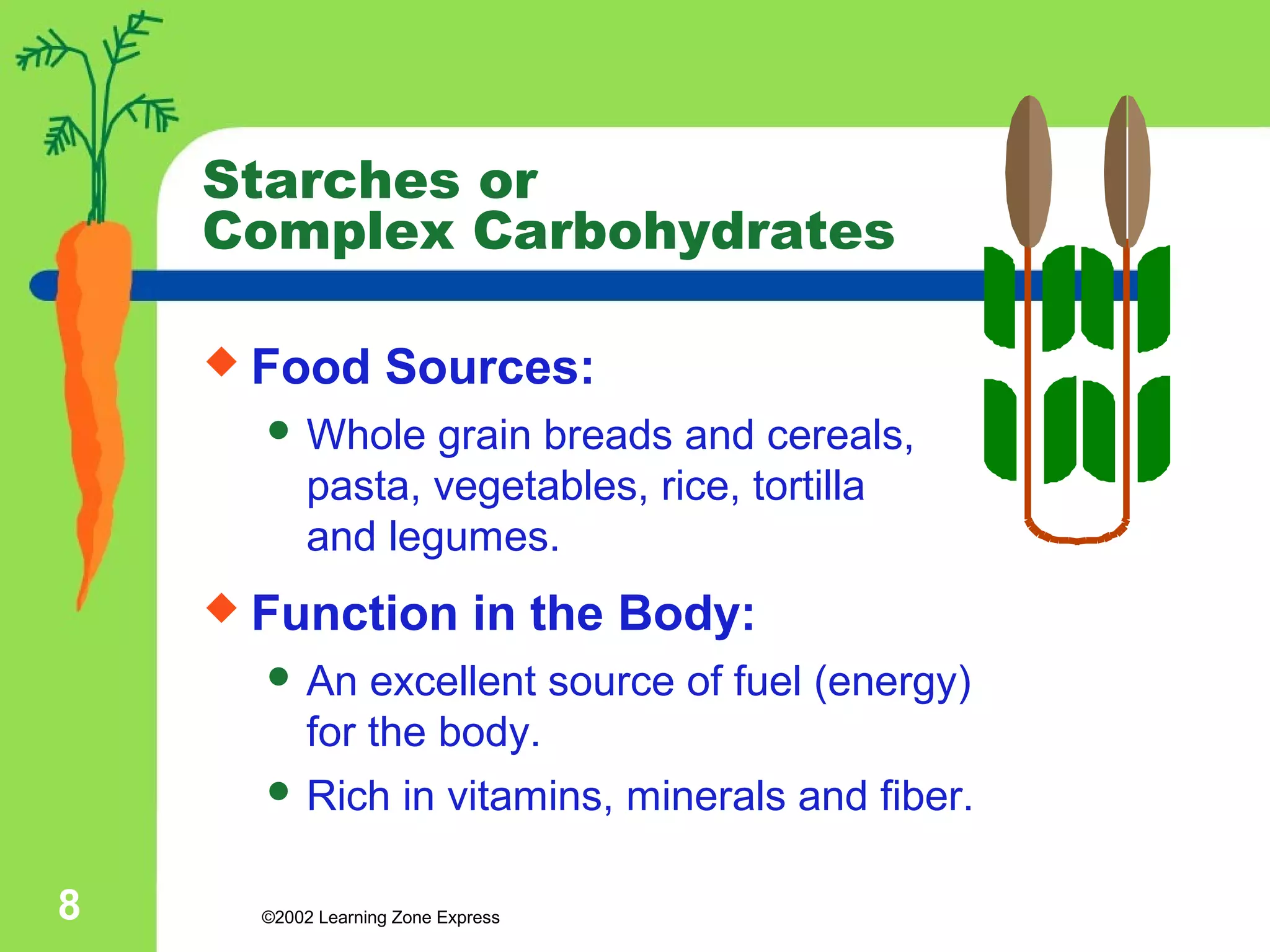 Starches or 
Complex Carbohydrates 
 Food Sources: 
Whole grain breads and cereals, 
pasta, vegetables, rice, tortilla 
and legumes. 
 Function in the Body: 
 An excellent source of fuel (energy) 
for the body. 
 Rich in vitamins, minerals and fiber. 
©2002 8 Learning Zone Express 
 